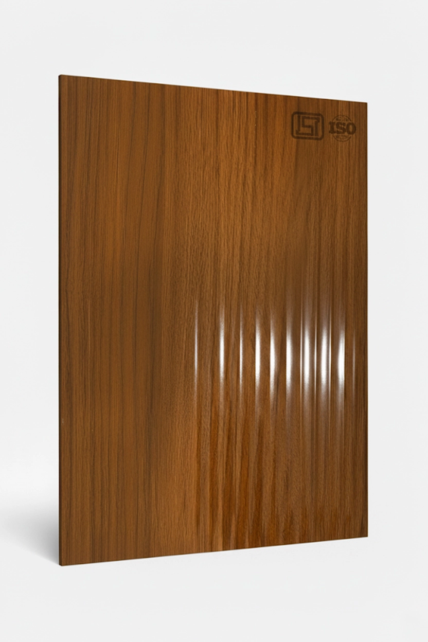 1202 FS | Glossa Timber, Walnut Brown High Gloss Finish Fluted Wooden Decorative Laminate