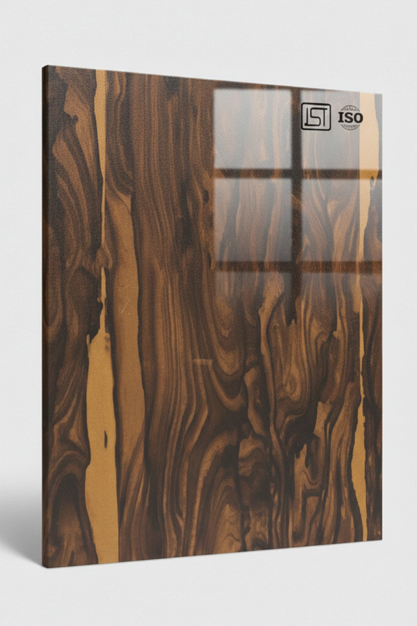 2054 | Zaricote Vertical, Dark Brown Natural Oak High Gloss Finish Wooden Decorative Acrylic Laminate