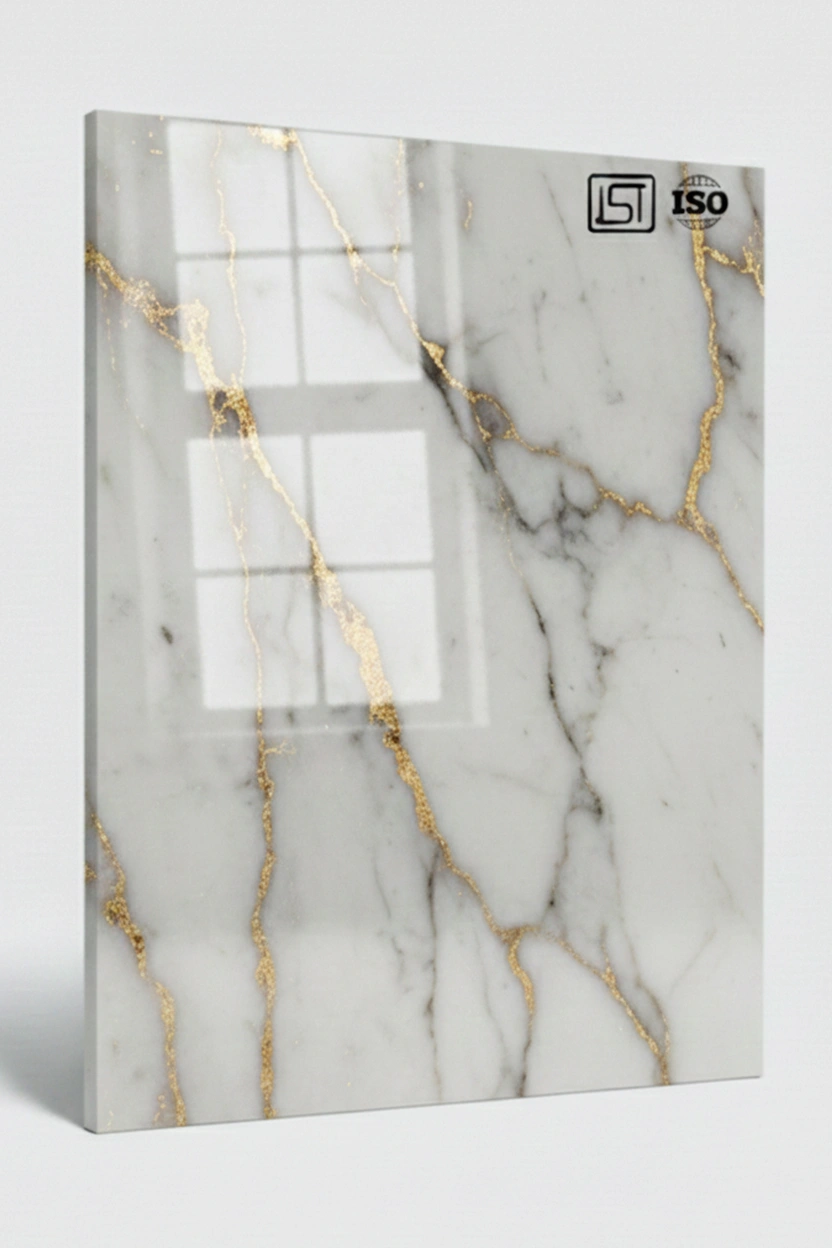 5004 | Lunar Quartz, Off-White High Gloss Finish Marble Decorative Acrylic Laminate
