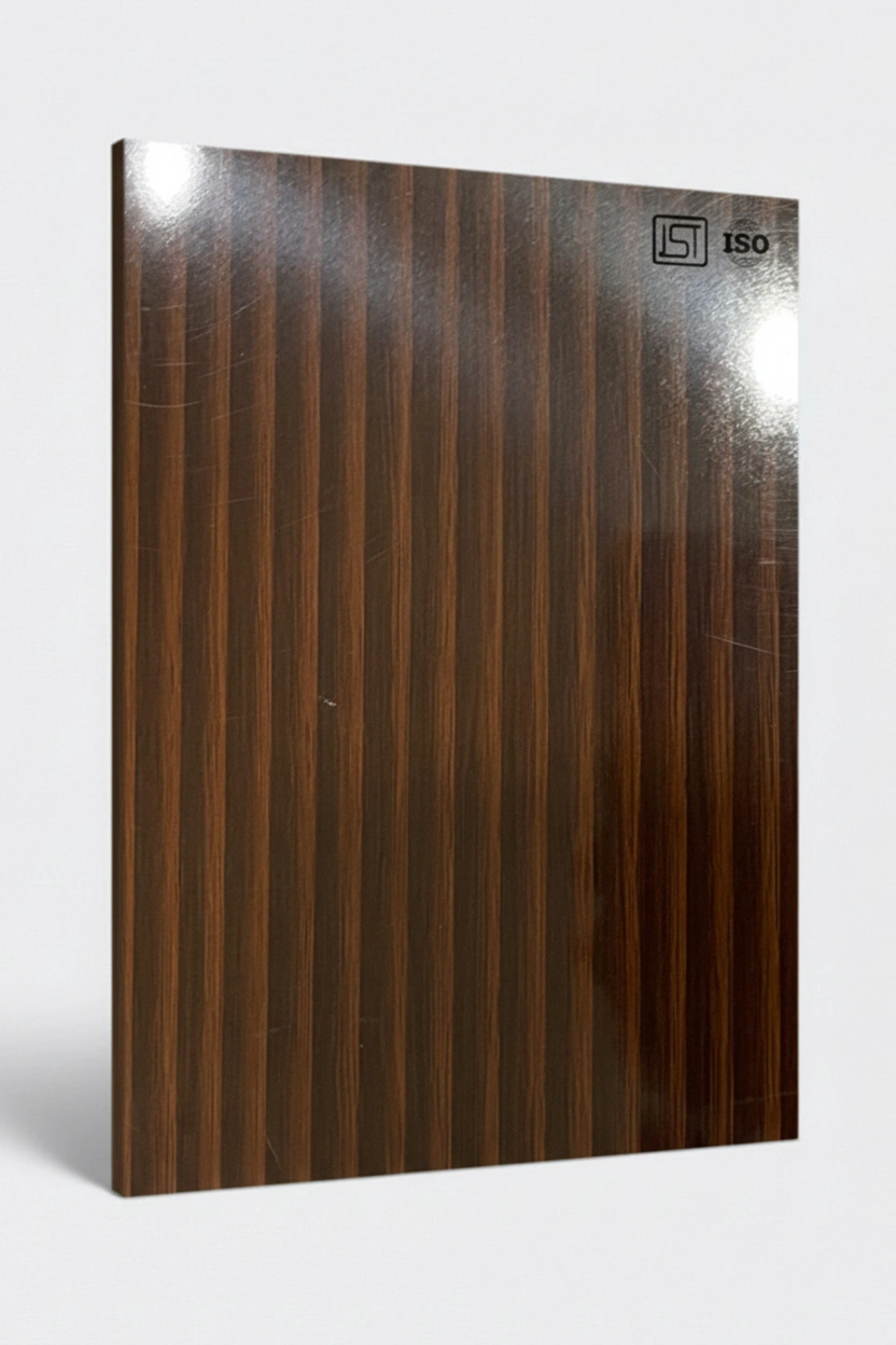7194 SG | Dark Flute Louvers Oviedo, Walnut Brown High Gloss Finish Patterned Wooden Decorative Laminate