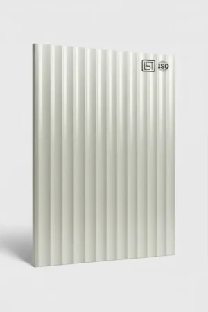 Vertical panel-effect brown wood laminate sheet with a textured linear design