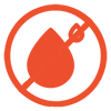 Minimalist circular orange icon showing a single water droplet symbol inside a diagonal prohibition strike-through cross.