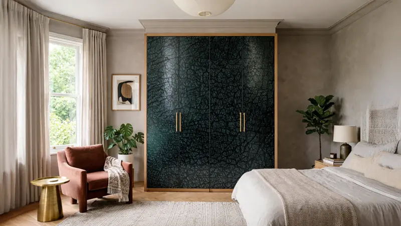 Wardrobe design with ebony black high gloss realistic leather laminate sheet in a modern luxury bedroom