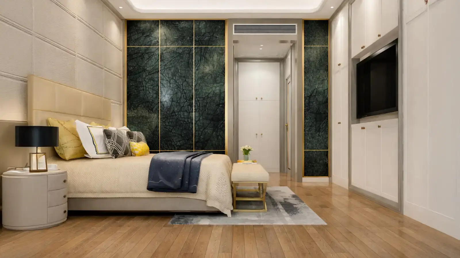 Ebony black realistic leather laminate wardrobe panels with gold borders in a modern luxury bedroom interior