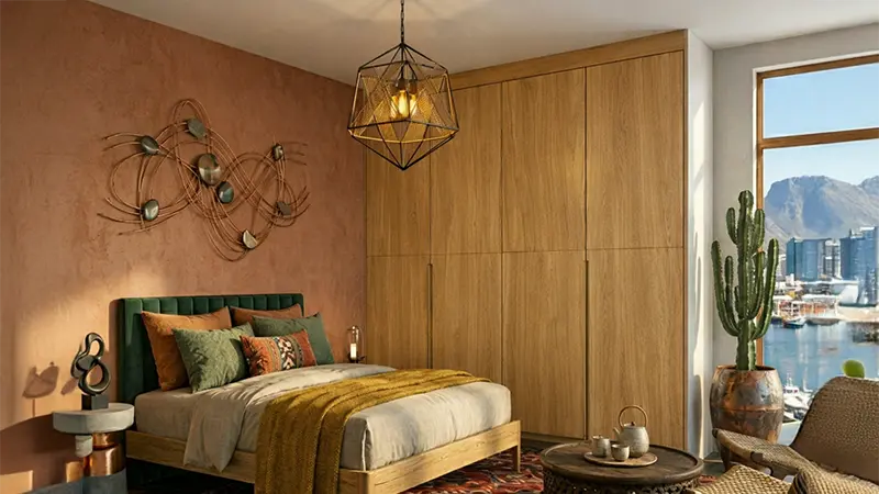 Bedroom wardrobe with honey oak wooden patterned laminate finish in a modern warm interior design