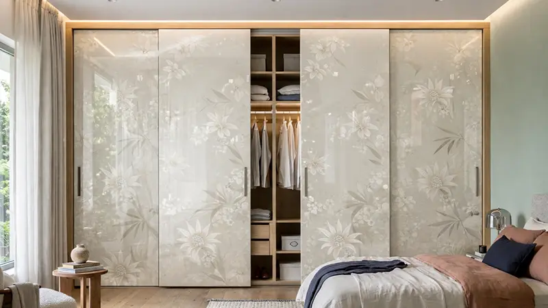 Wardrobe with warm beige smooth fabric laminate sheet in a modern bedroom interior