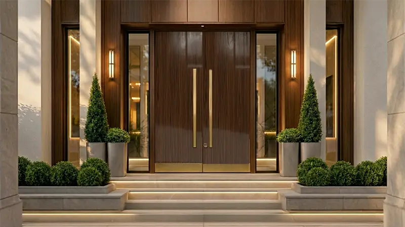 Main door with chocolate walnut brown natural woodgrain laminate sheet creating a rich modern home entrance