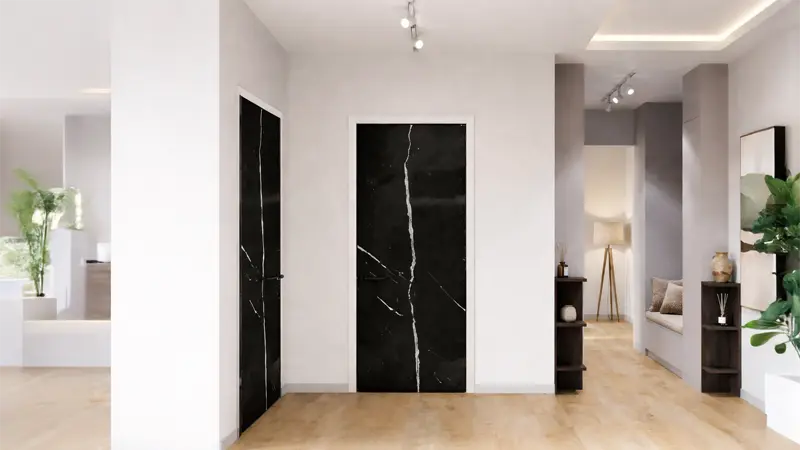Living room doors with classic black marble laminate sheet creating a sleek and luxurious modern interior design