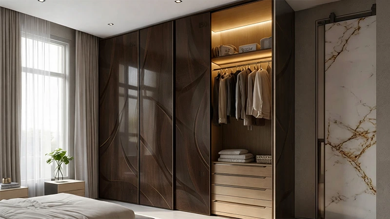 Sliding wardrobe with dark brown 3D grooves laminate sheet adding a textured and stylish look to a luxurious interior space.