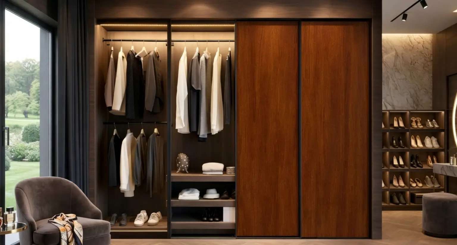Modern sliding wardrobe with dark brown wooden laminate sheet finish in a stylish walk in closet interior design