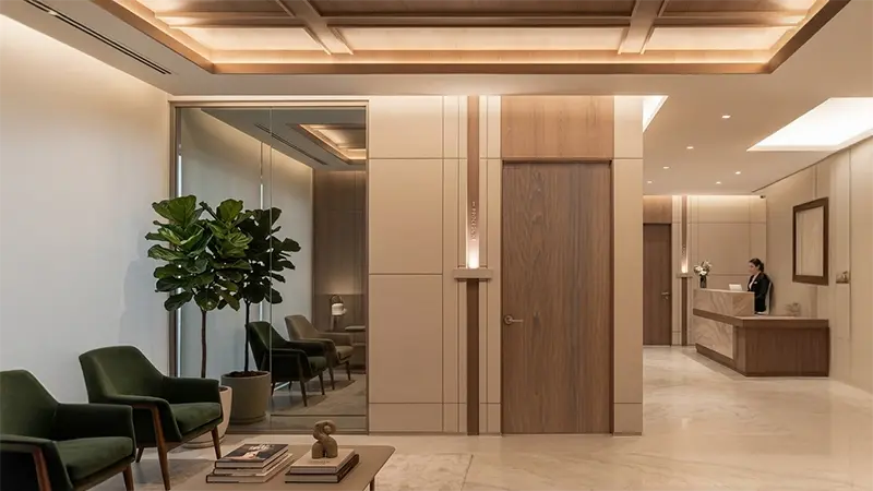 Main door with dark walnut brown abstract laminate sheet creating a luxurious and modern entrance for hotels or restaurants