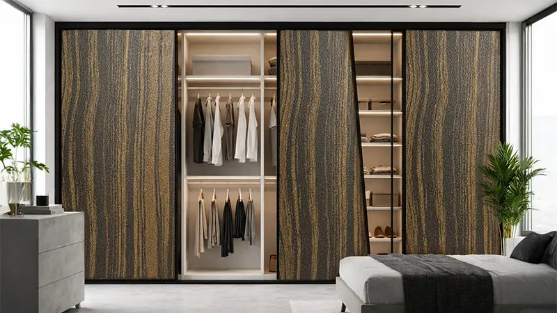 Sliding wardrobe with dark walnut brown woodgrain laminate sheet finish creating a rich and stylish modern bedroom interior