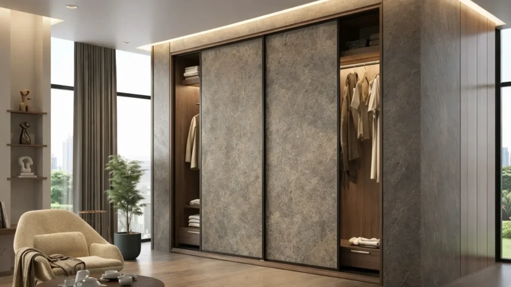 Sliding Door Wardrobe with driftwood taupe rustic laminate sheet finish creating a natural textured modern interior