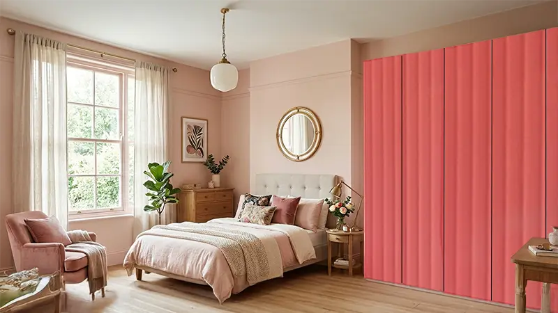 Sliding wardrobe with fluorescent pink fluted laminate sheet adding a bold textured design to a modern bedroom interior