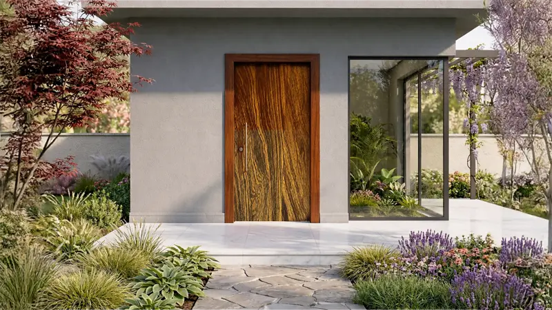 Main door with golden walnut woodgrain laminate sheet creating a warm and welcoming modern home entrance