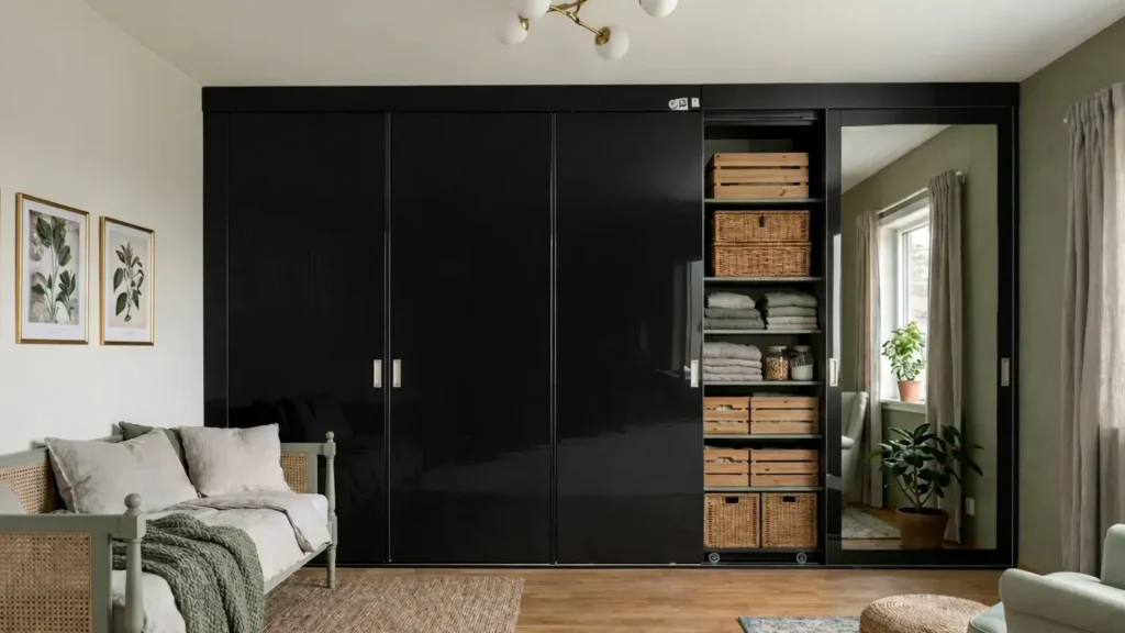 Sliding wardrobe with jet black high gloss metallic shimmer laminate sheet creating a sleek and luxurious living room interior