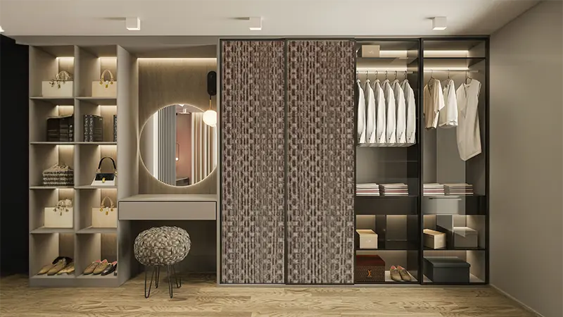 Sliding door wardrobe with light sand beige fabric laminate sheet finish creating a soft elegant modern interior space.