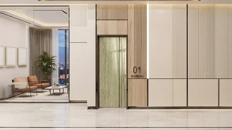 Main door with natural light teak woodgrain laminate sheet ideal for modern home, hotel, and office lobby entrance