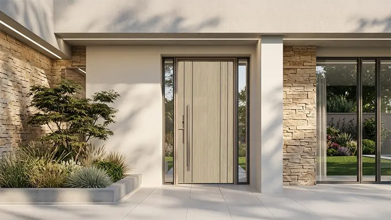 Main door with natural oak beige wooden laminate sheet creating a bright and elegant modern home entrance