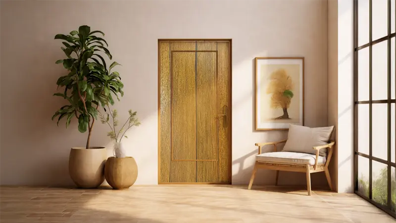 Main door with natural teak woodgrain laminate sheet creating a balanced, elegant entrance for a modern living room