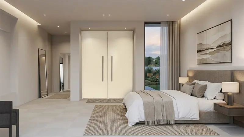 Bedroom door with pearl beige metallic laminate sheet creating a soft glossy and elegant modern interior look