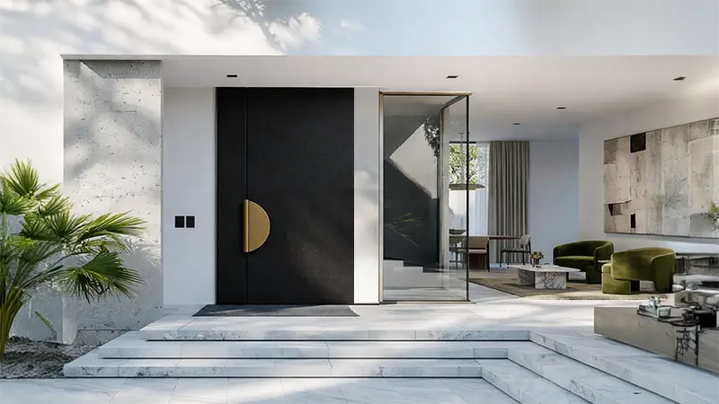 Front door with royal black matte finish decorative laminate creating a bold and modern home entrance