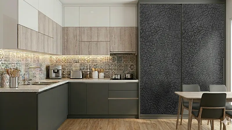 Kitchen sliding door wardrobe with stone grey leather laminate sheet finish creating a modern and elegant kitchen interior