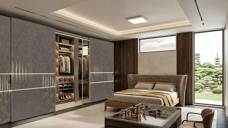 Sliding wardrobe with taupe grey fabric laminate sheet finish creating a soft and elegant modern bedroom interior