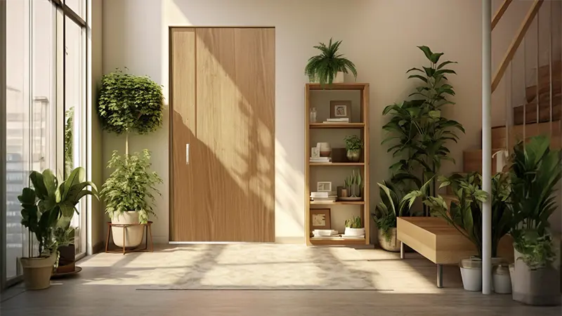 Main door with teak brown wooden laminate sheet finish creating a warm and elegant modern home entrance