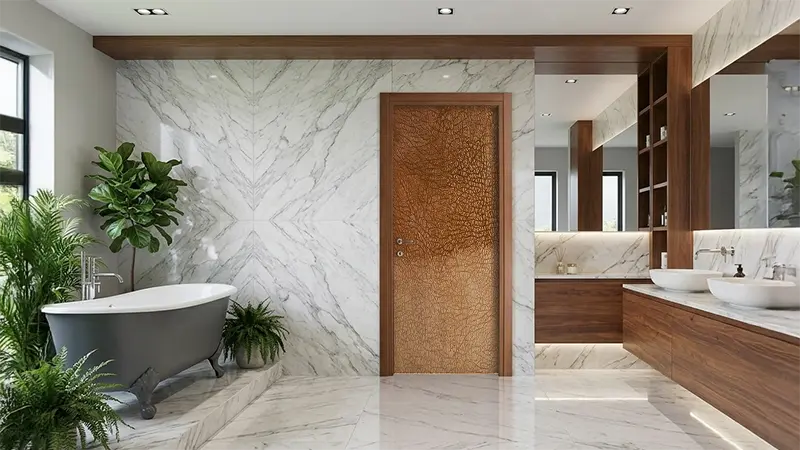 Bathroom door with walnut brown smooth leather laminate sheet creating a rich textured and luxurious interior look