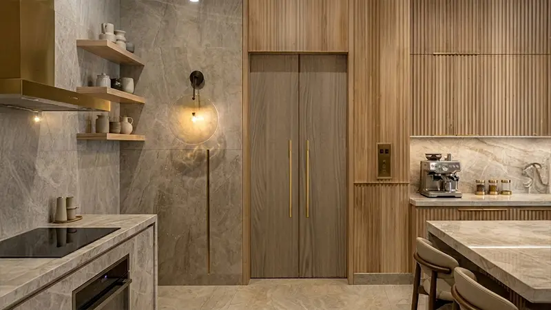 Kitchen door with walnut brown wooden laminate sheet creating a warm and balanced modern kitchen interior
