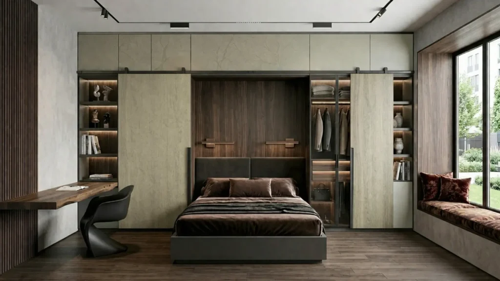 Sliding wardrobe with warm taupe beige leather laminate sheet finish creating a soft and elegant modern bedroom interior