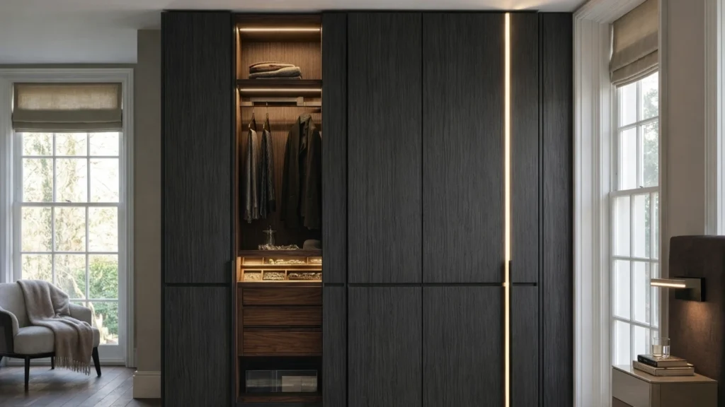 Sliding door wardrobe with wenge black natural wood laminate sheet finish creating a bold and elegant modern interior spaces.