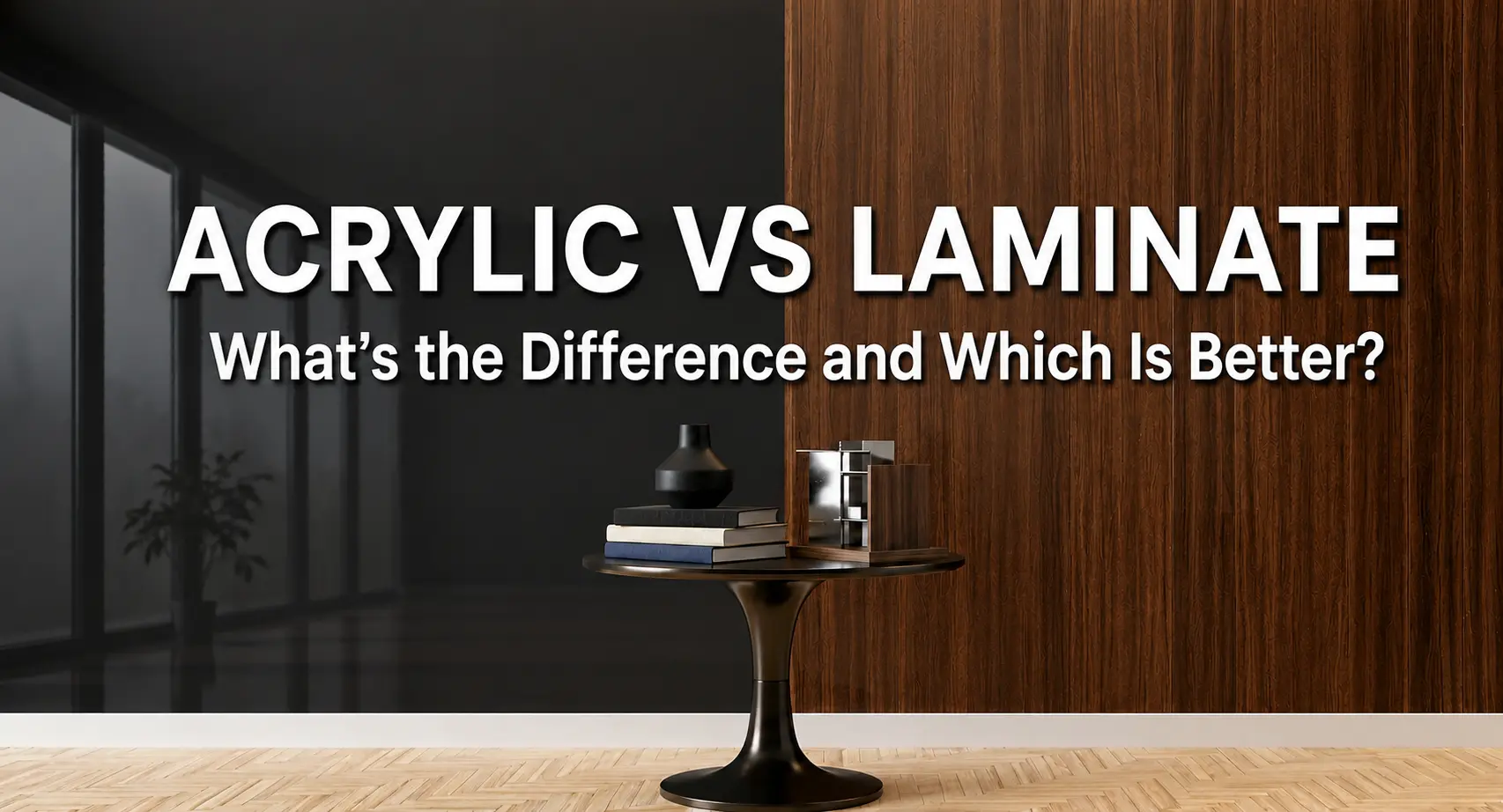 Split interior view showing glossy black acrylic sheet wall on left and warm wooden laminate on right with decor table highlighting finish comparison.