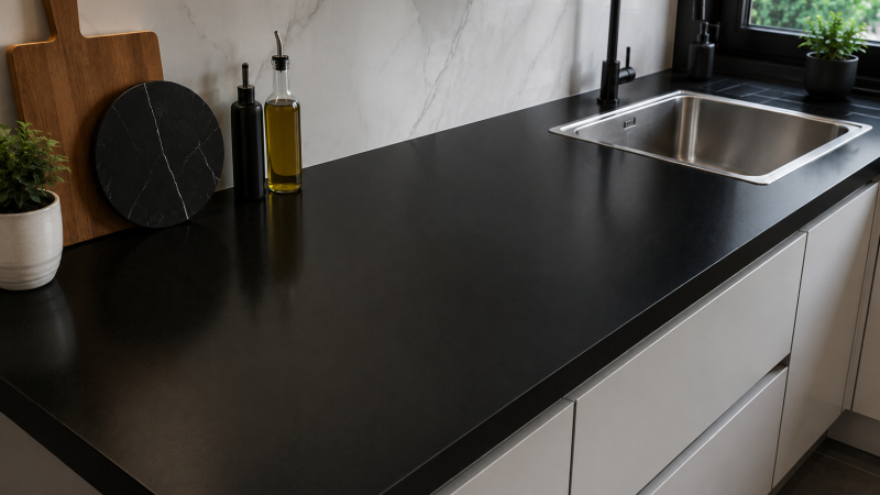 Black laminate countertop with a sink in a modern kitchen featuring a clean and well-maintained surface.