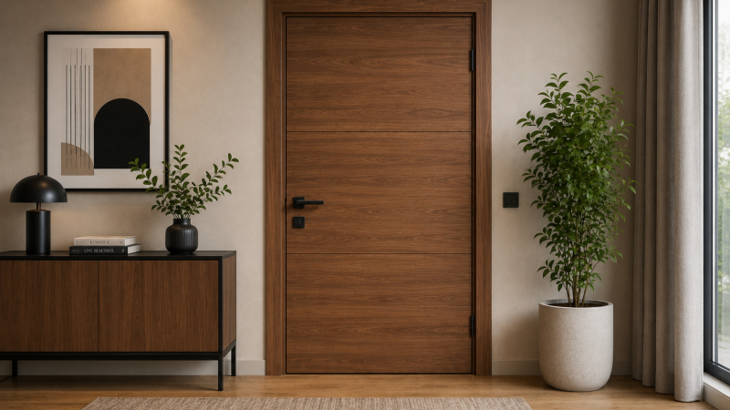 Wooden laminate door in a modern interior with a smooth surface, black handle, and surrounding decorative elements.