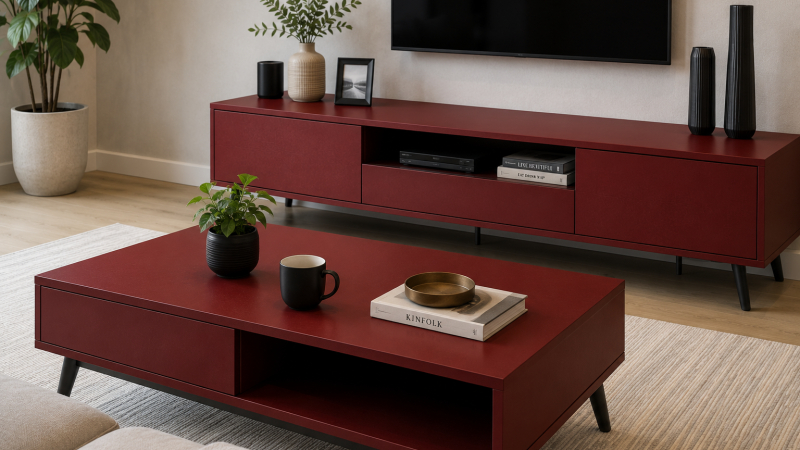 Modern living room with red laminate furniture, including a coffee table and TV unit, in a clean and organized interior.