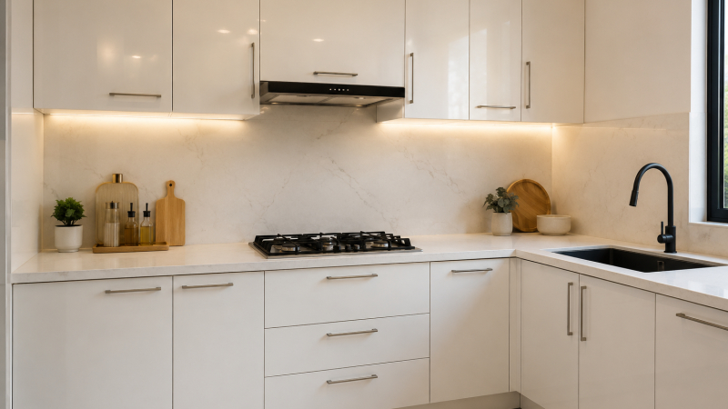 Modern kitchen with white laminate cabinets, drawers, and countertops in a clean and well-maintained condition.