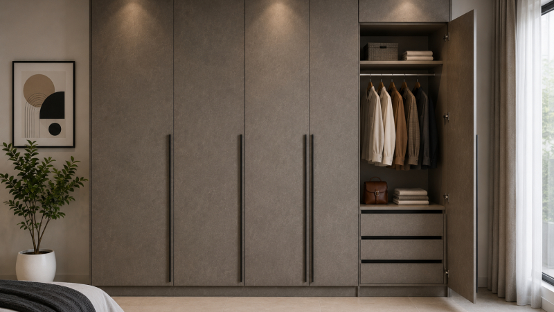 Modern laminate wardrobe with storage shelves, drawers, and hanging clothes in a clean and organized bedroom.