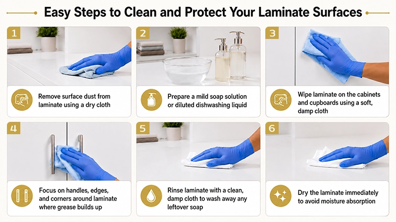 Step-by-step guide showing how to clean and protect laminate surfaces using a dry cloth, mild soap solution, damp cloth, and proper drying techniques.