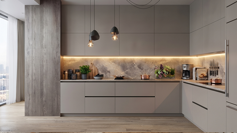 Modern kitchen interior with sleek compact laminate cabinets, durable surfaces, and contemporary moisture-resistant finishes.