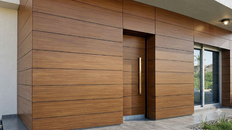 Modern house exterior featuring wood-finish exterior laminate cladding around the main entrance and windows.