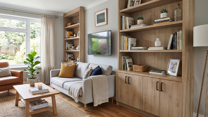 Modern living room with wood-look laminate shelving, built-in cabinets, and furniture illustrating low-pressure laminate applications.
