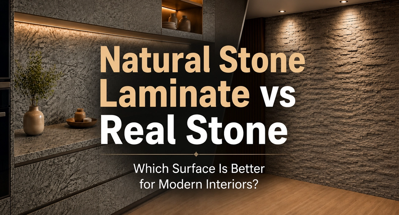 Natural stone laminate vs real stone comparison for modern interior design with textured stone laminate and real stone feature wall.