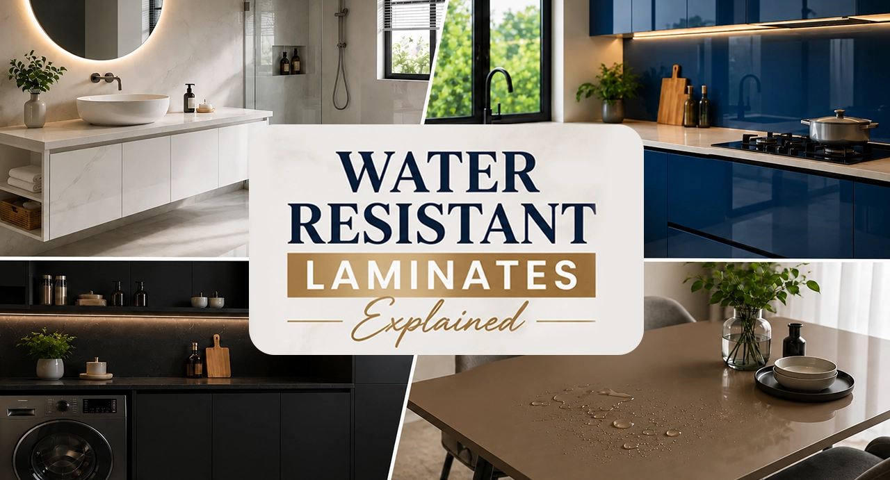 Water resistant laminates used for kitchen cabinets, bathroom vanity, utility storage and dining furniture.
