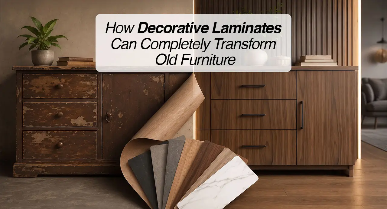 See how decorative laminates transformm old furniture. Before and after comparison of old wooden furniture transformed with decorative wood-grain laminate for a modern finish.
