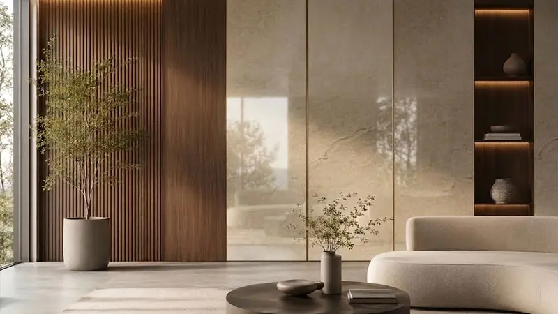 Modern interior showcasing Jade Stone Alaska Grey marble wall laminate as an alternative to painted walls.