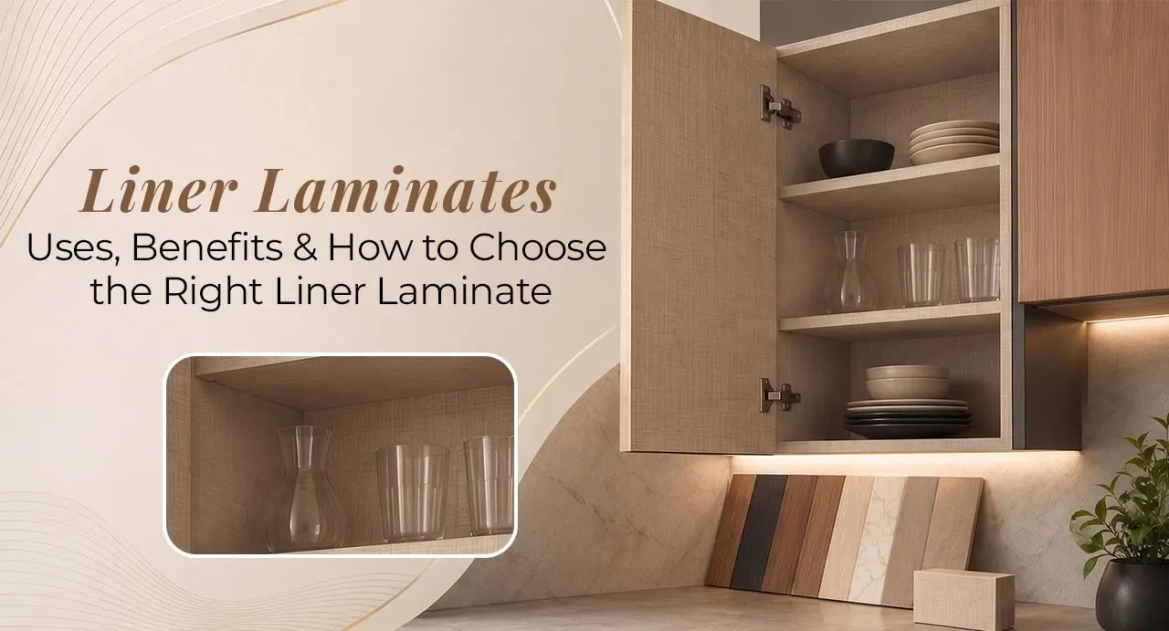 Kitchen cabinet with shelves lined with decorative laminate, displaying dishes and glassware, with laminate samples below.