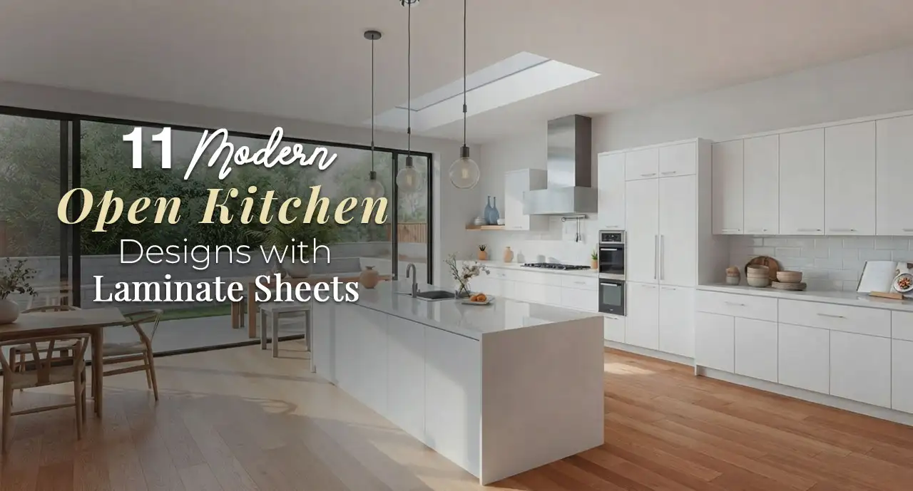 Modern open kitchen design with white laminate sheet cabinets and island