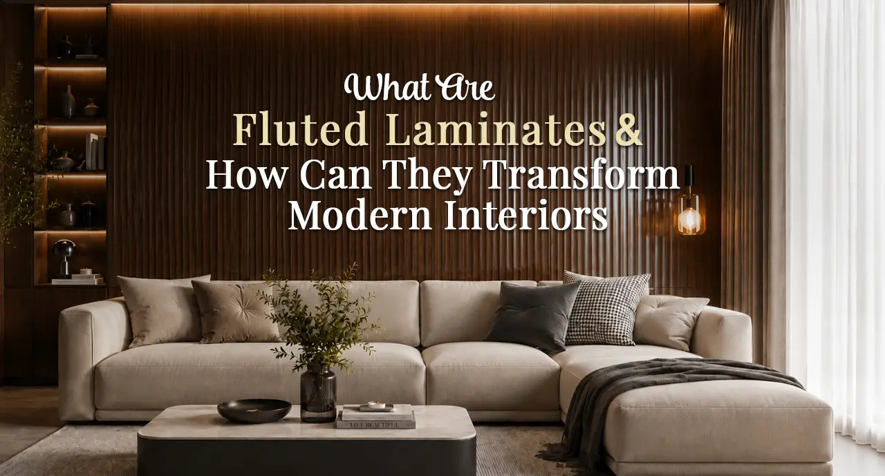 Fluted laminate wall panel behind a sofa in a modern living room